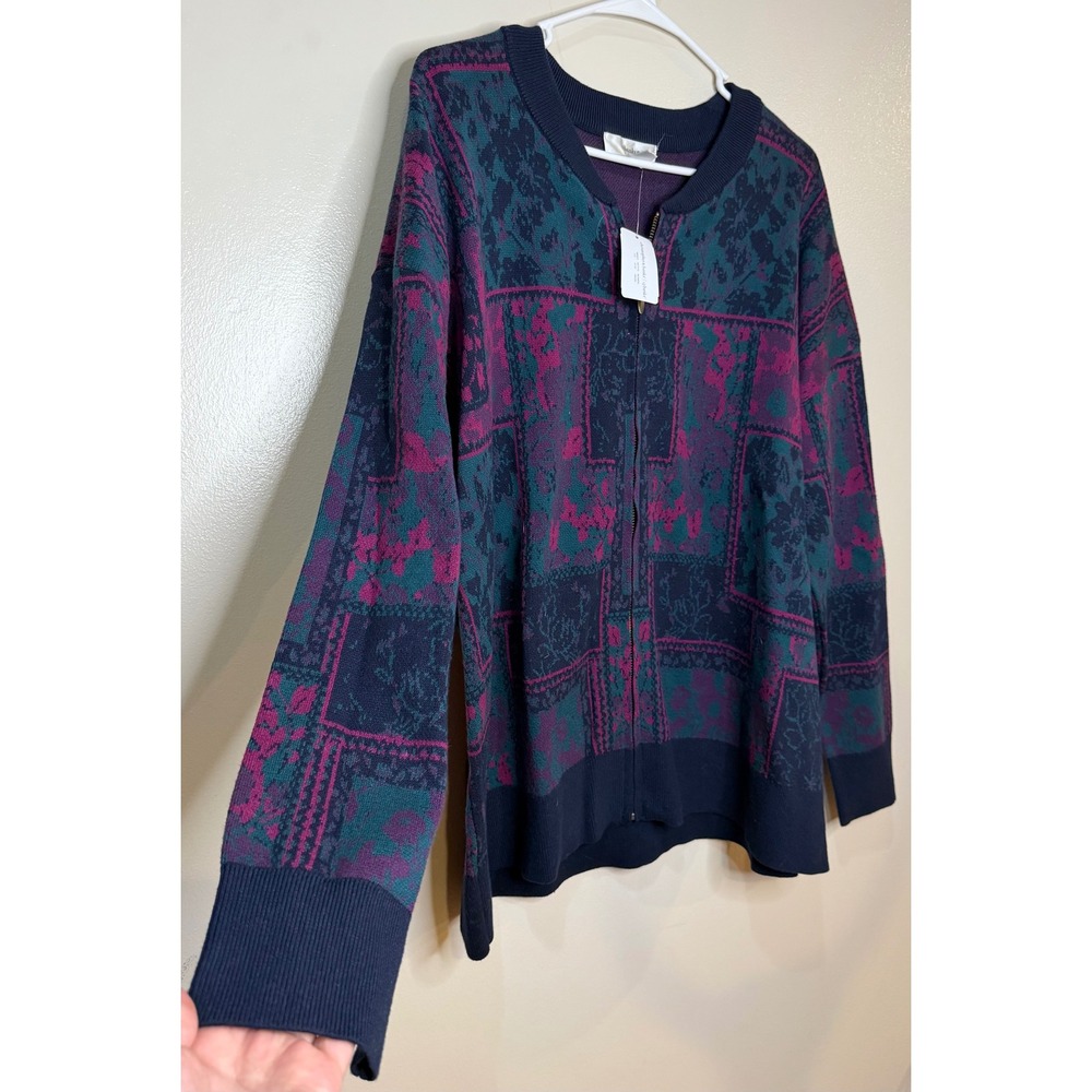CJ Banks Floral Patchwork Knit Sweater Zip Front Teal Purple‎ Retro Cottagecore - Picture 3 of 10